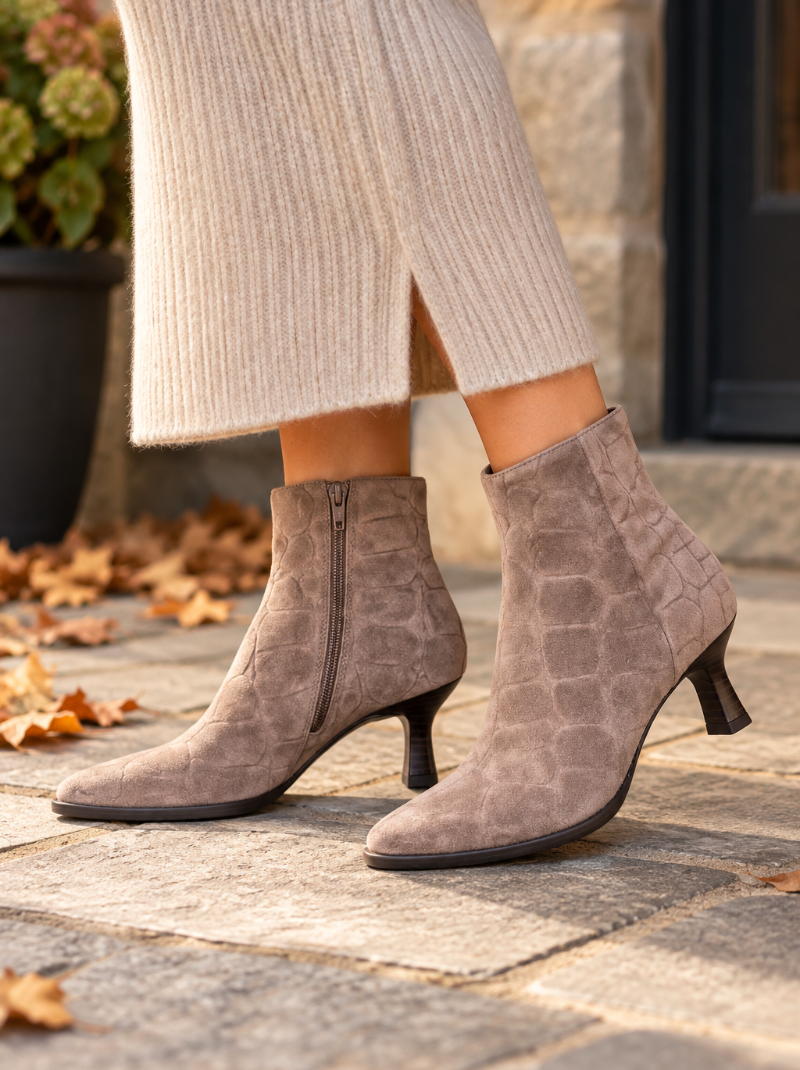 Unisa - Taupe Suede Croc Print Pointy Toe Boot