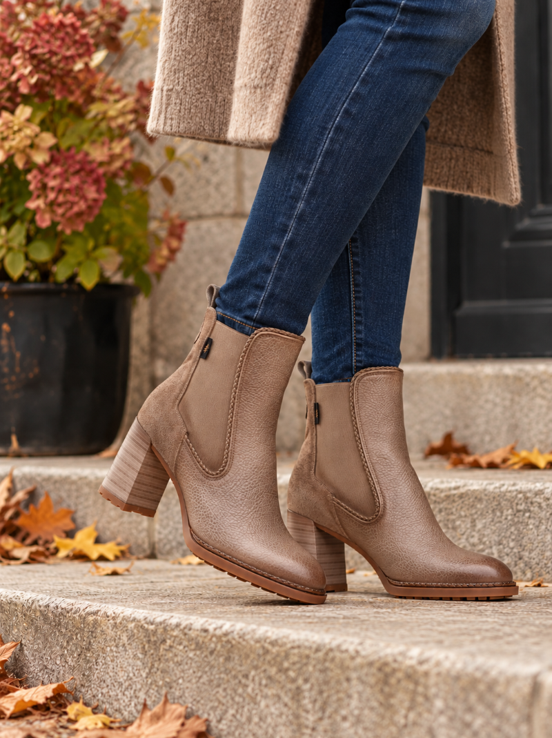 Hispanitas - Dark Beige Leather & Suede Mix Block Heel Boot