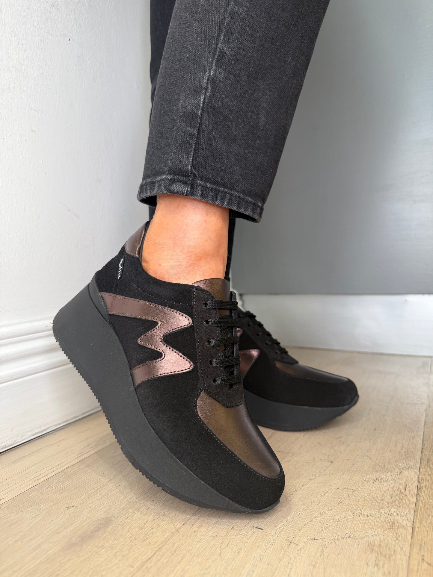 Marco Moreo - Black Suede & Soft Bronze Lace Up Wedge Trainer