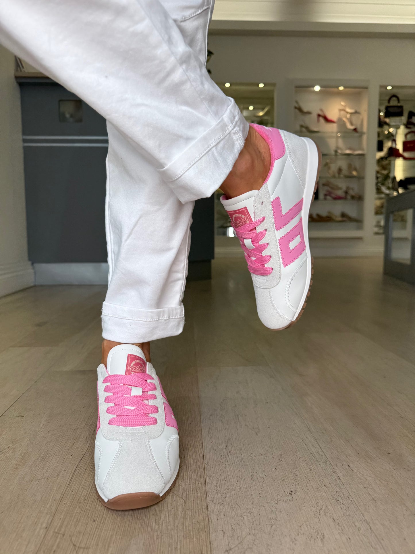 Back 70 -White Leather Trainer With Soft Stone Suede & Candy Pink Trim