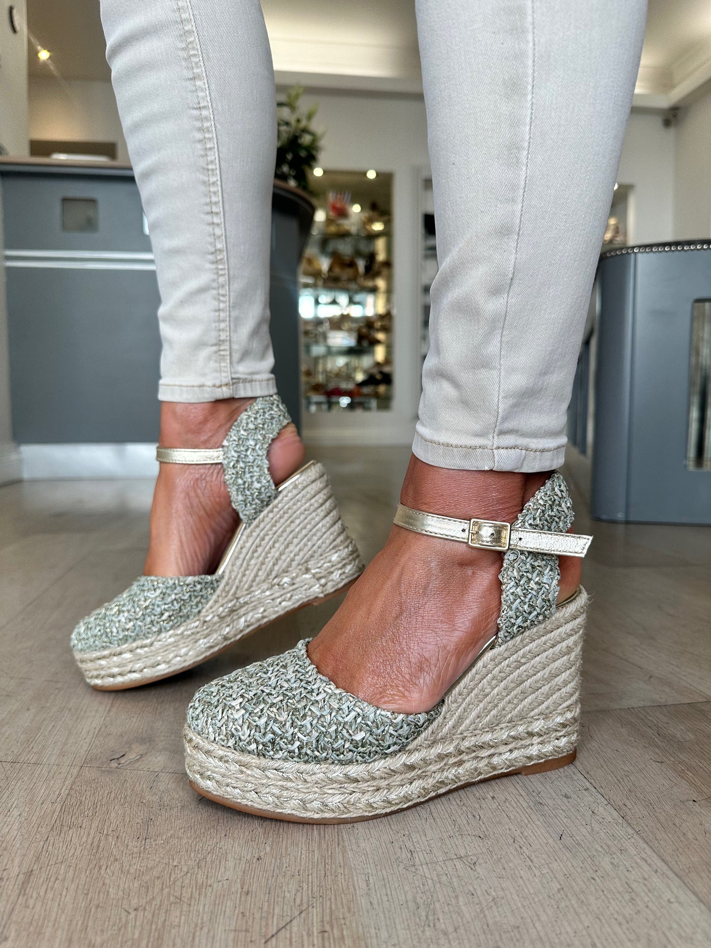 Gaimo - Khaki Tweed Mix Espadrille Wedge With Gold Trim