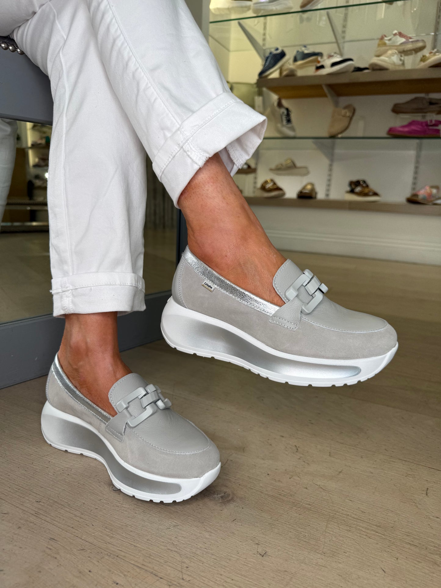 Callaghan - Soft Grey Leather & Suede Mix Slip On Shoe With Metallic Grey Trim