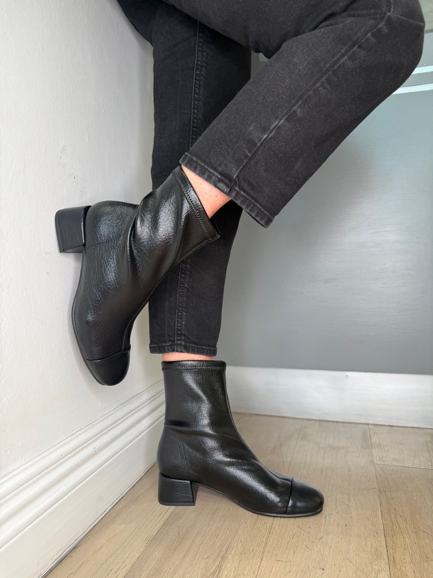 Miss Elastic - Black Stretch Leather Sock Boot With Medium Heel