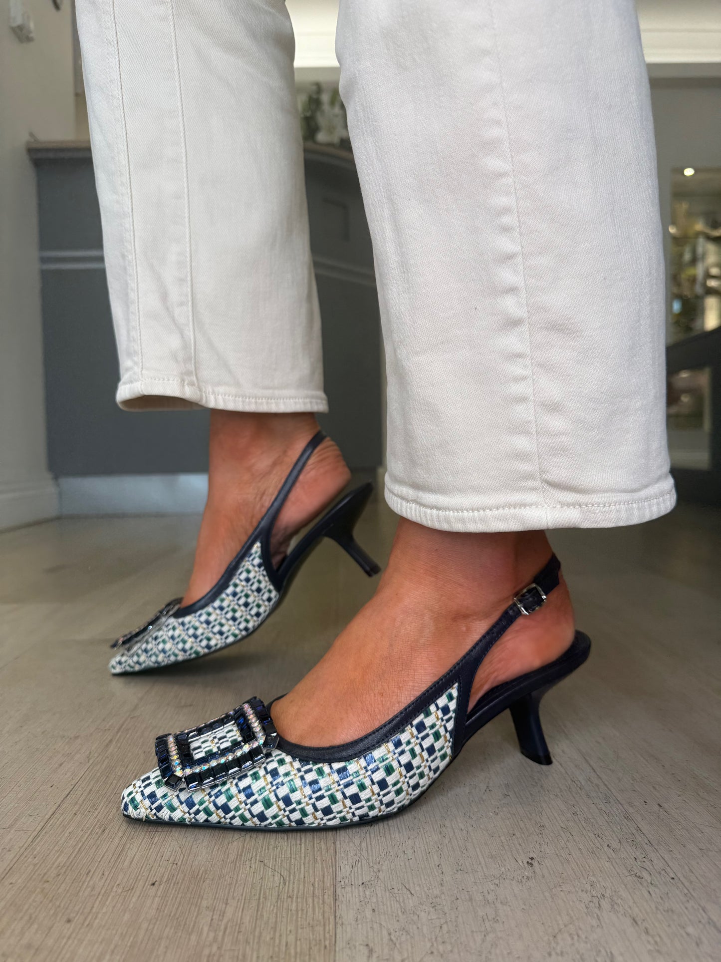 Lodi - Raffia Multi Navy Pointy Toe Slingback Shoe With Stone Trim
