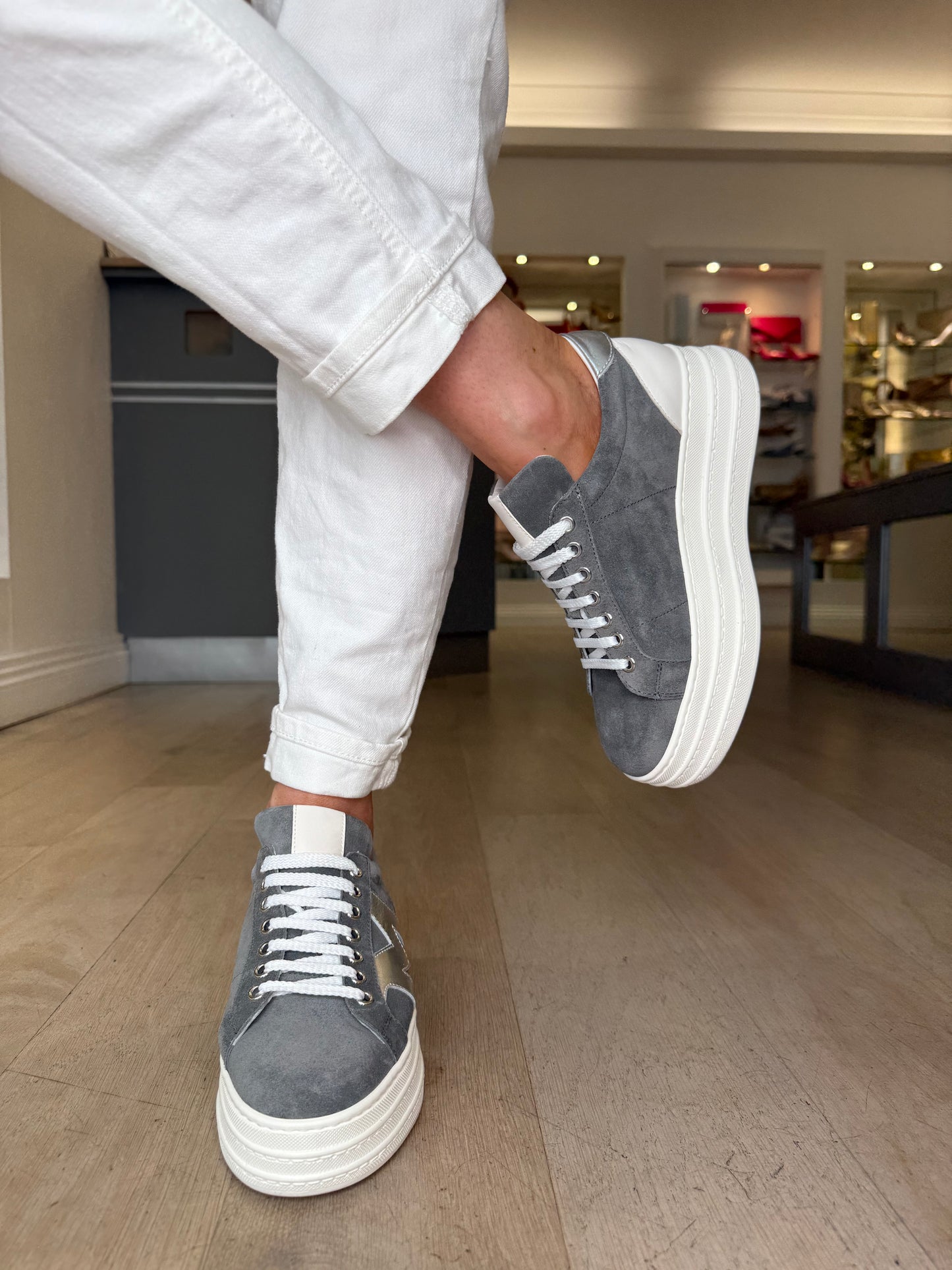 Marco Moreo - Madonna Grey Suede Flatform Sole Trainer With Silver & White Trim