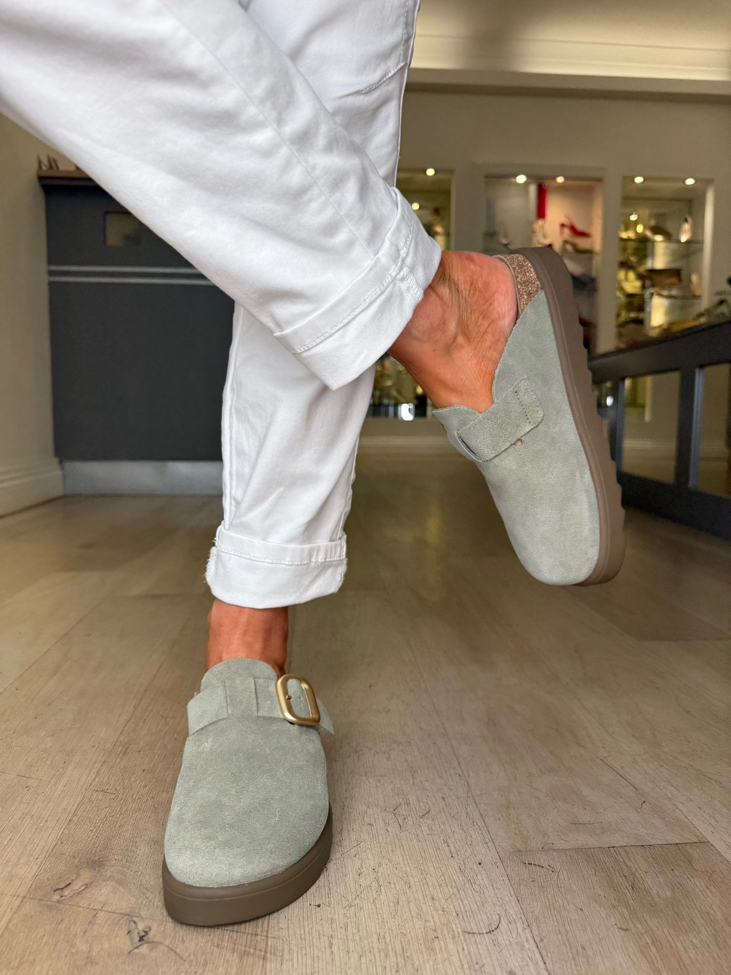 Yokono - Soft Green Suede Mule Clog With Matt Gold Buckle Trim