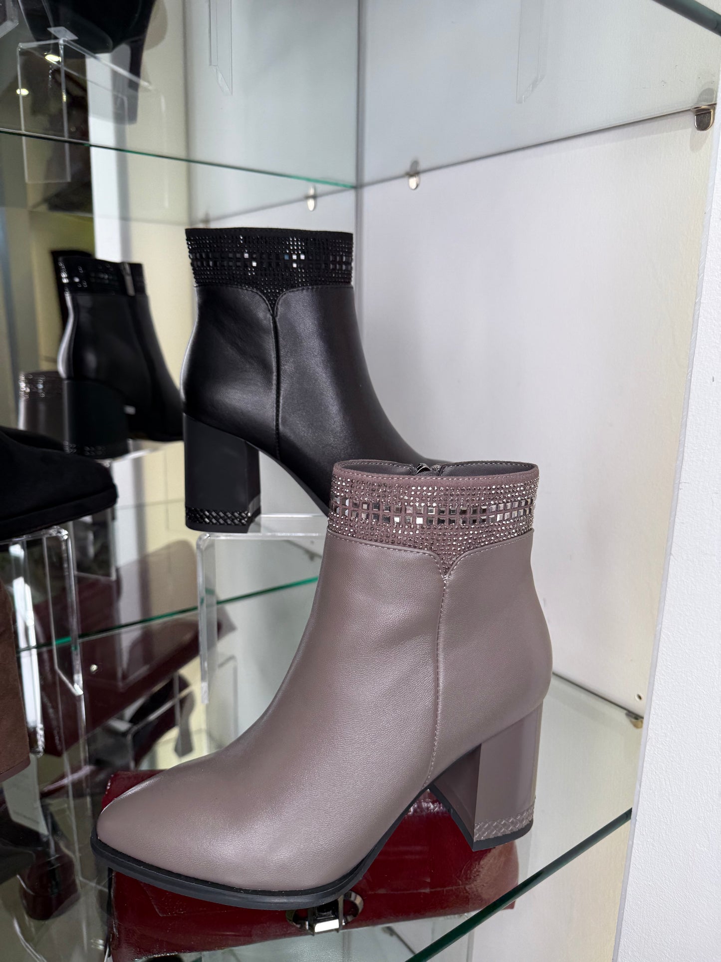 Loretta Vitale -  Taupe Leather Block Heel Pointy Toe Boot With Stone Trim