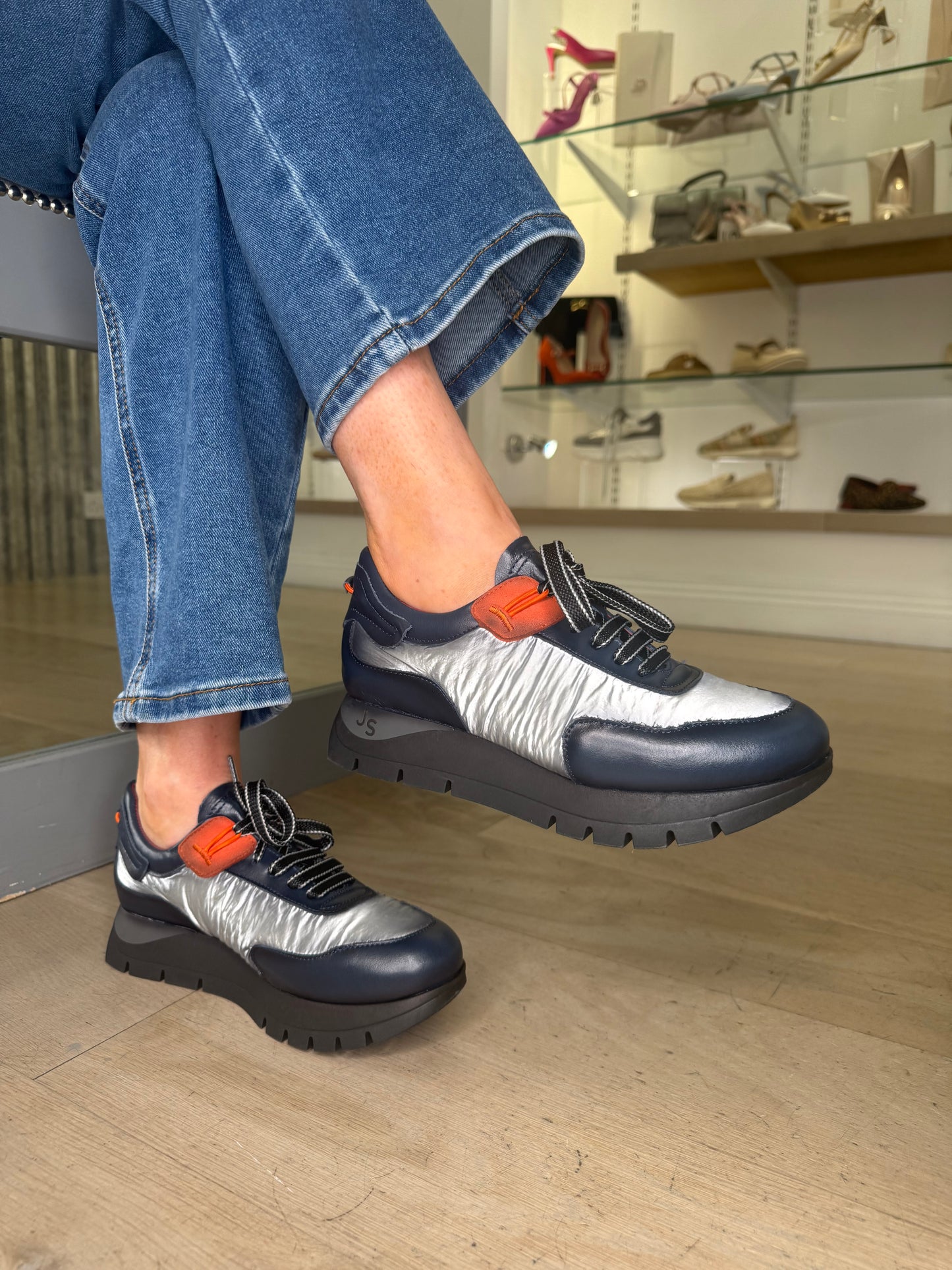 Jose Saenz - Dark Navy Leather Trainer With Metallic Silver Cushioned Fabric & Orange Trim