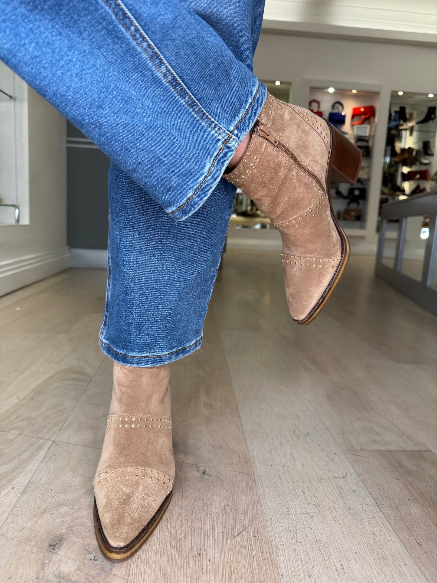 Alpe - Light Brown Suede Boot With Gold Stud Trim & Block Heel