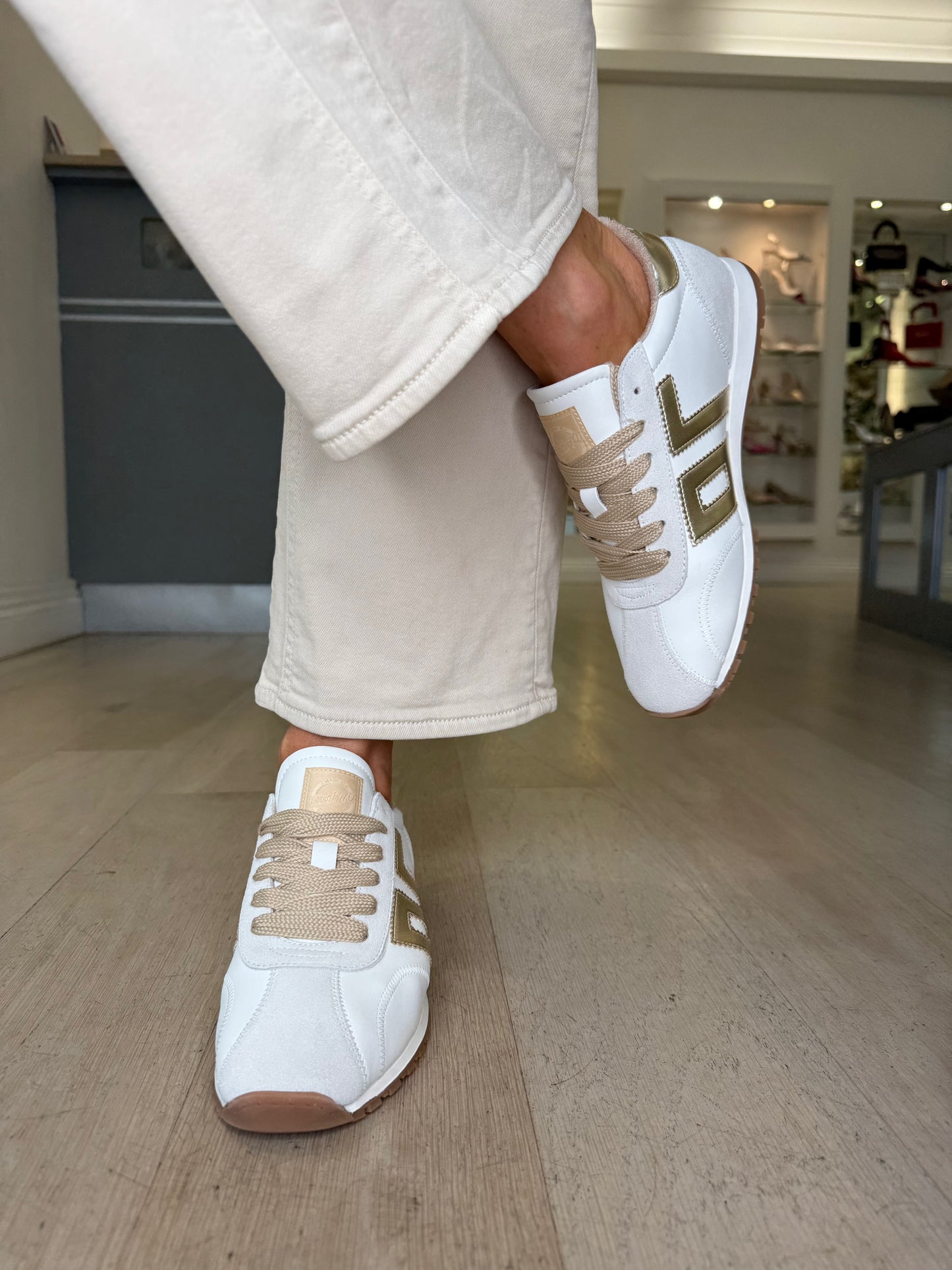 Back 70 -White Leather Trainer With Soft  Suede & Metallic Gold Trim