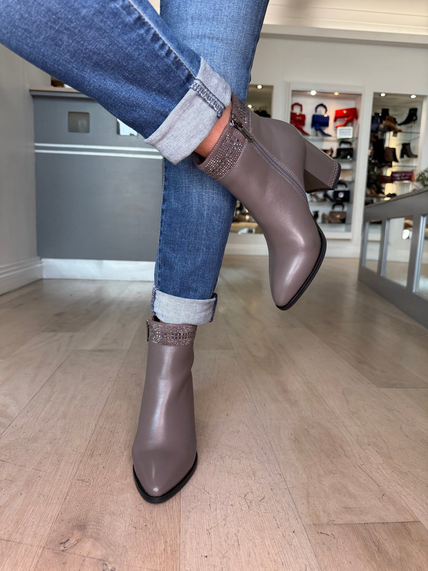 Loretta Vitale -  Taupe Leather Block Heel Pointy Toe Boot With Stone Trim