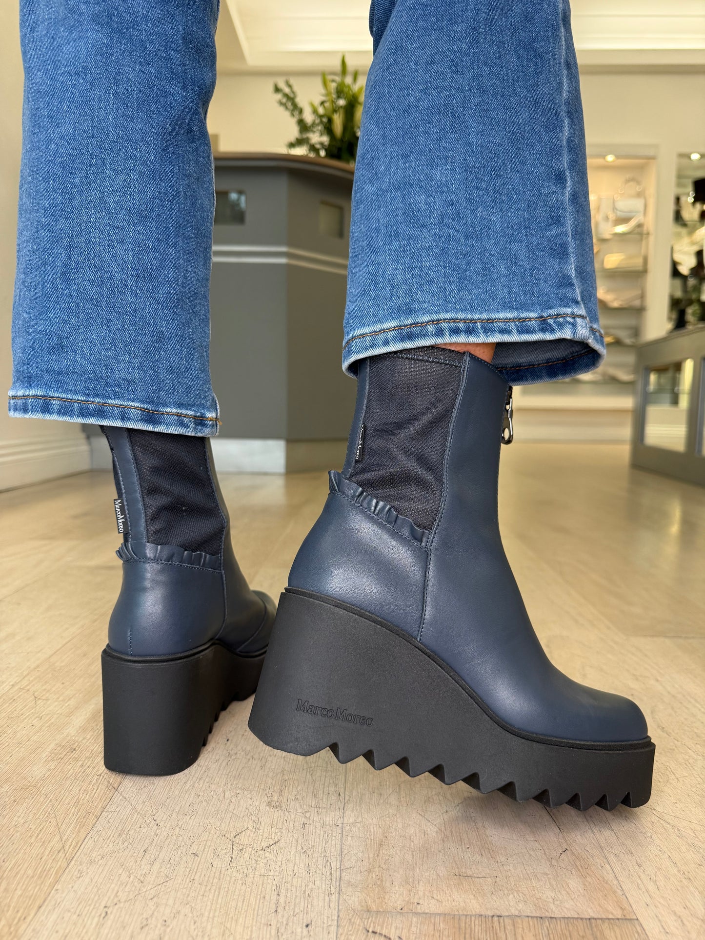 Marco Moreo - Navy Leather Chunky Sole Wedge Boot With Frill Detail