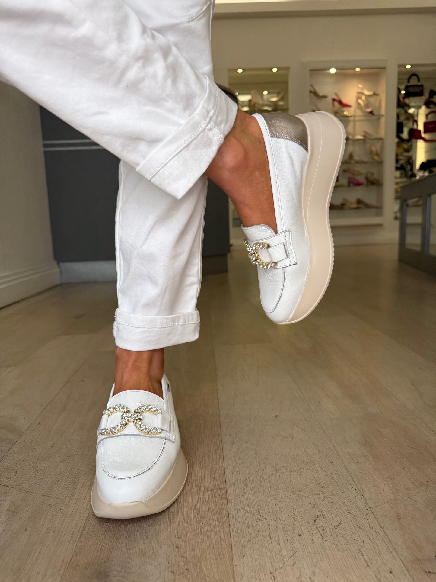 Callaghan - White Leather Slip On Wedge Shoe With Diamante Trim