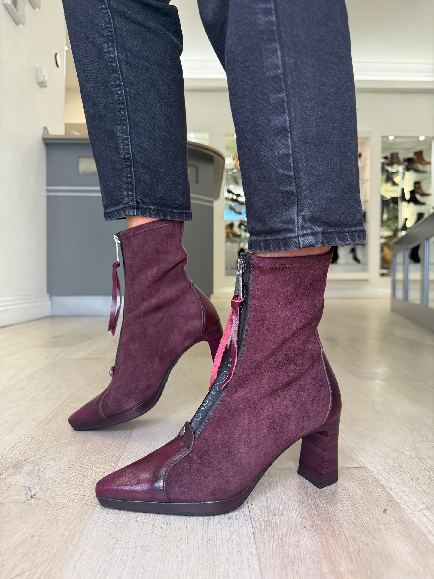 Hispanitas - Wine Suede & Leather Mix Front Zip Sock Boot