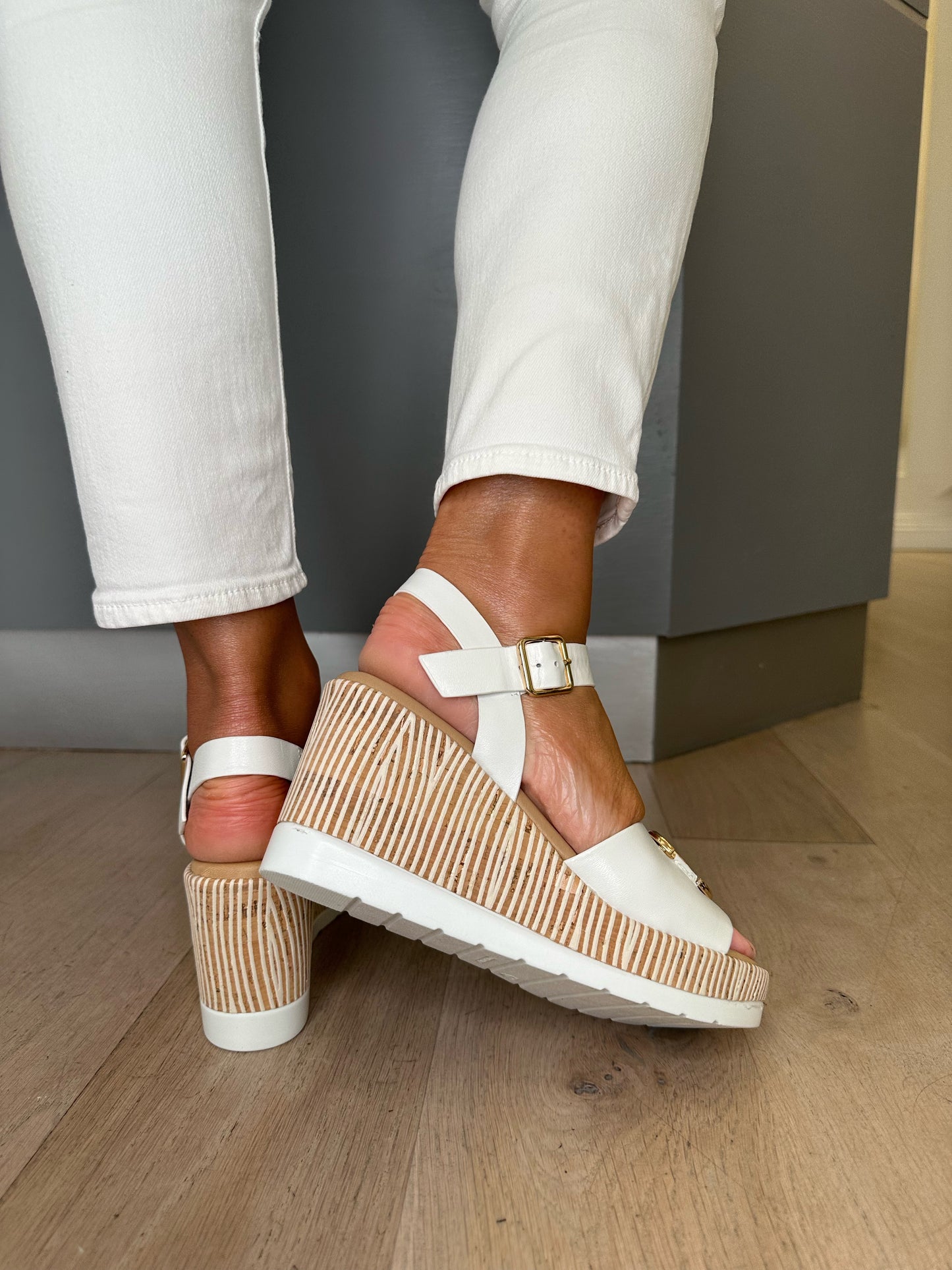 Repo -White Mid Heel Wedge With Gold Trim