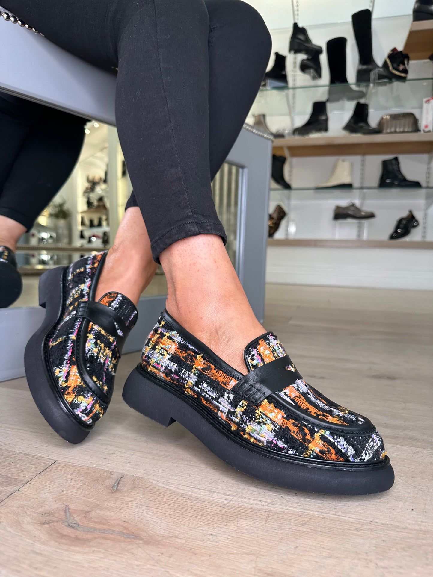 Marian - Multi Coloured Tweed Slip On Chunky Sole Loafer