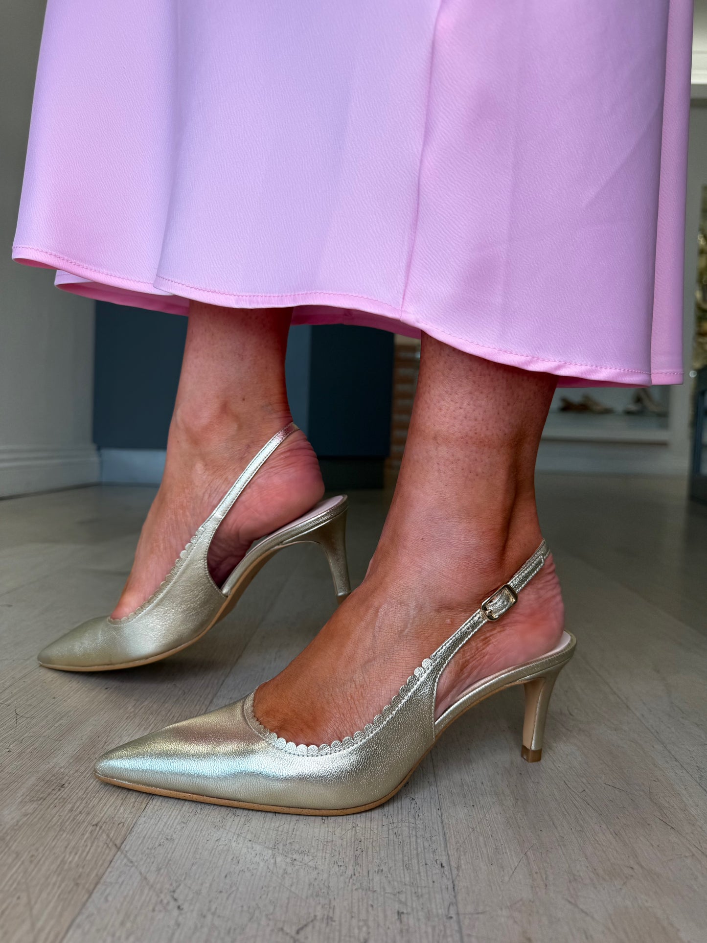 Lodi - Soft Metallic Gold Leather Slingback Shoe With Scalloped Edge