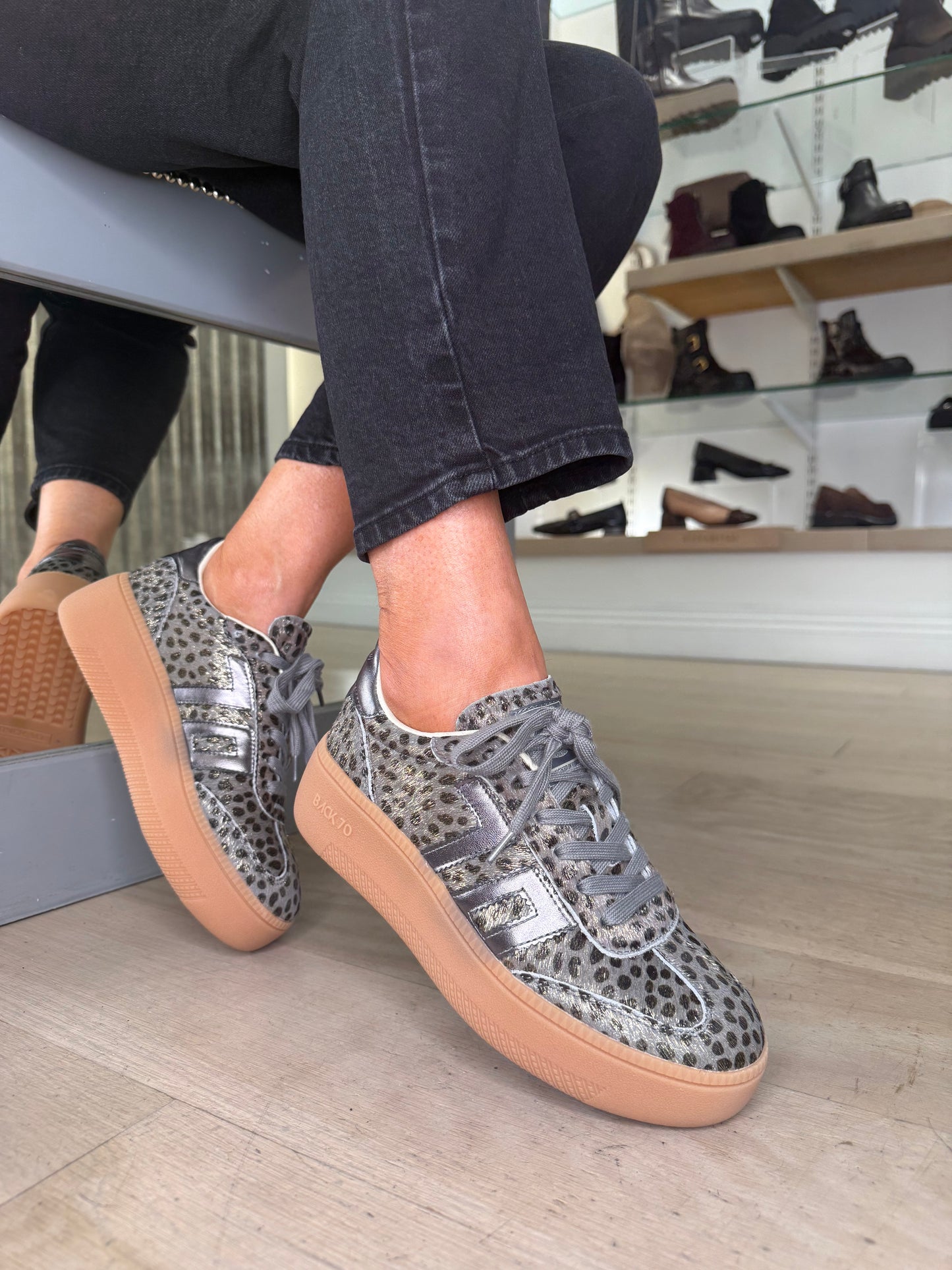 Back 70 - Cheetah Print Lace Up Gunmetal Flatform Trainer