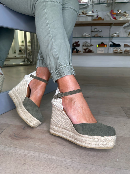 Viguera - Military Green Suede Square Toe Hessian Wedge