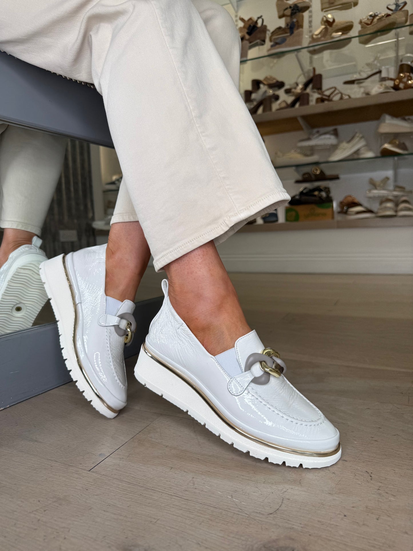 XSA -Soft Flexy Off White Patent Leather Slip On Wedge Shoe