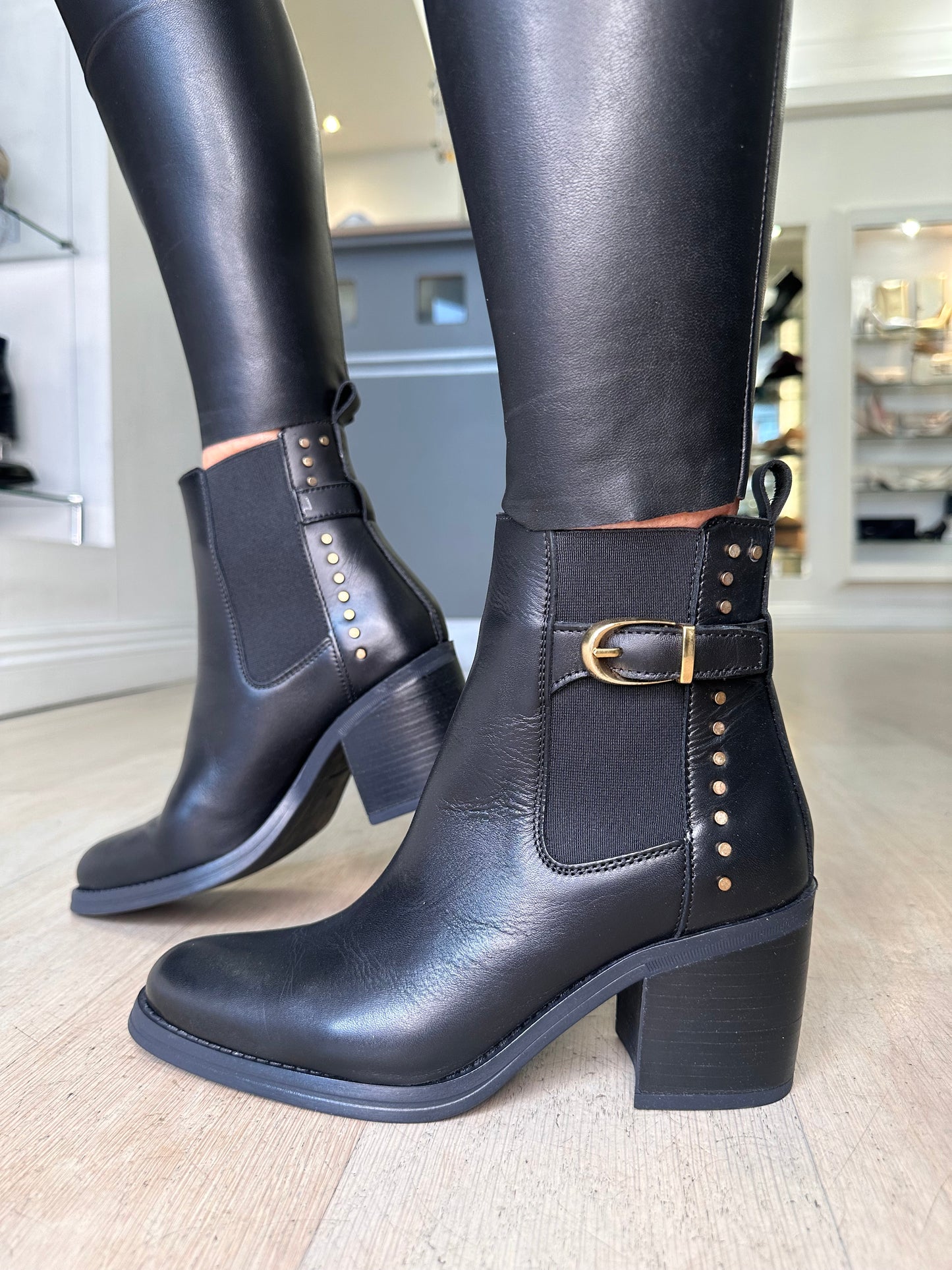 Alpe - Black Leather Pull On Block Heel Boot With Gold Trim