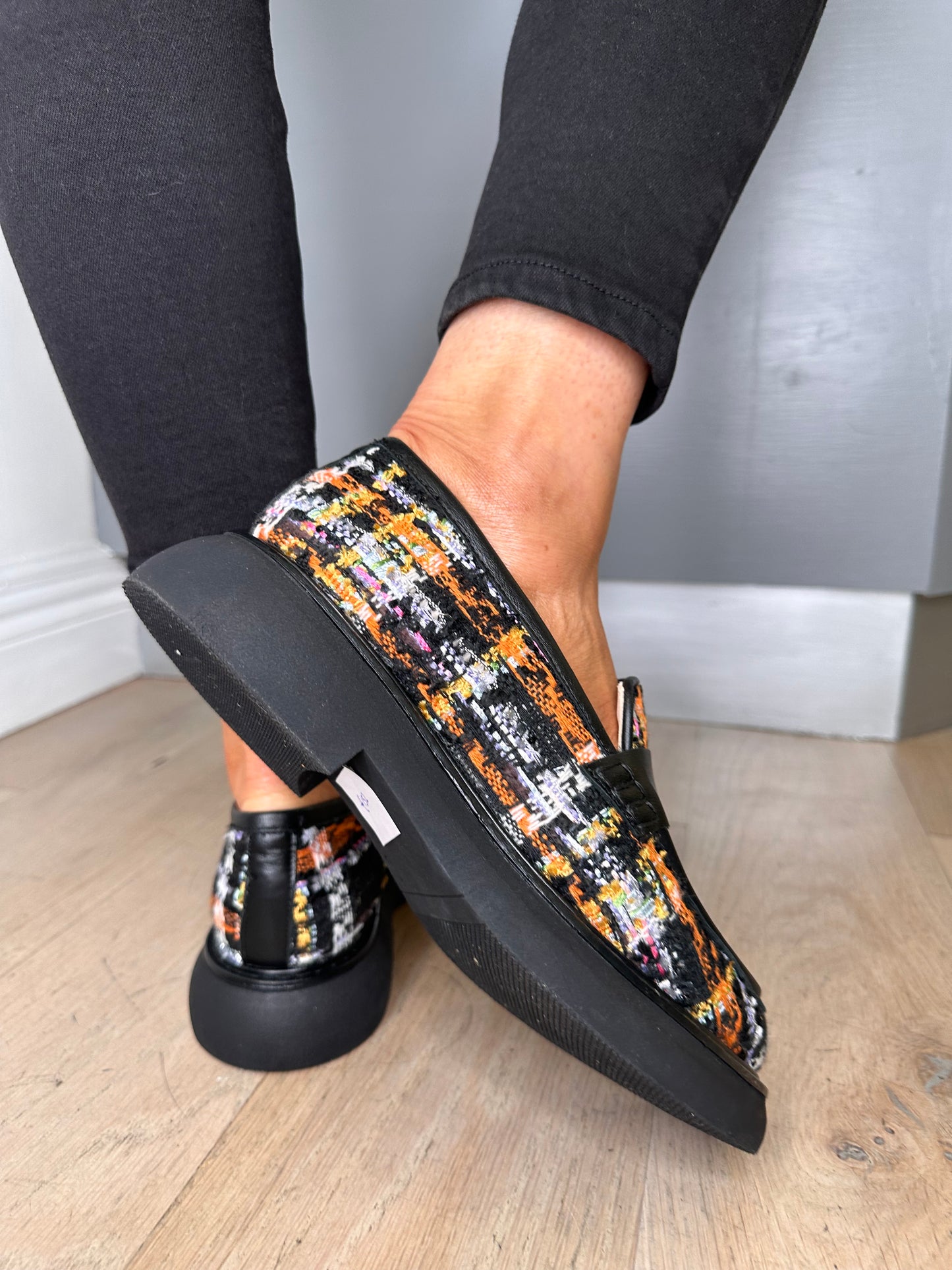 Marian - Multi Coloured Tweed Slip On Chunky Sole Loafer