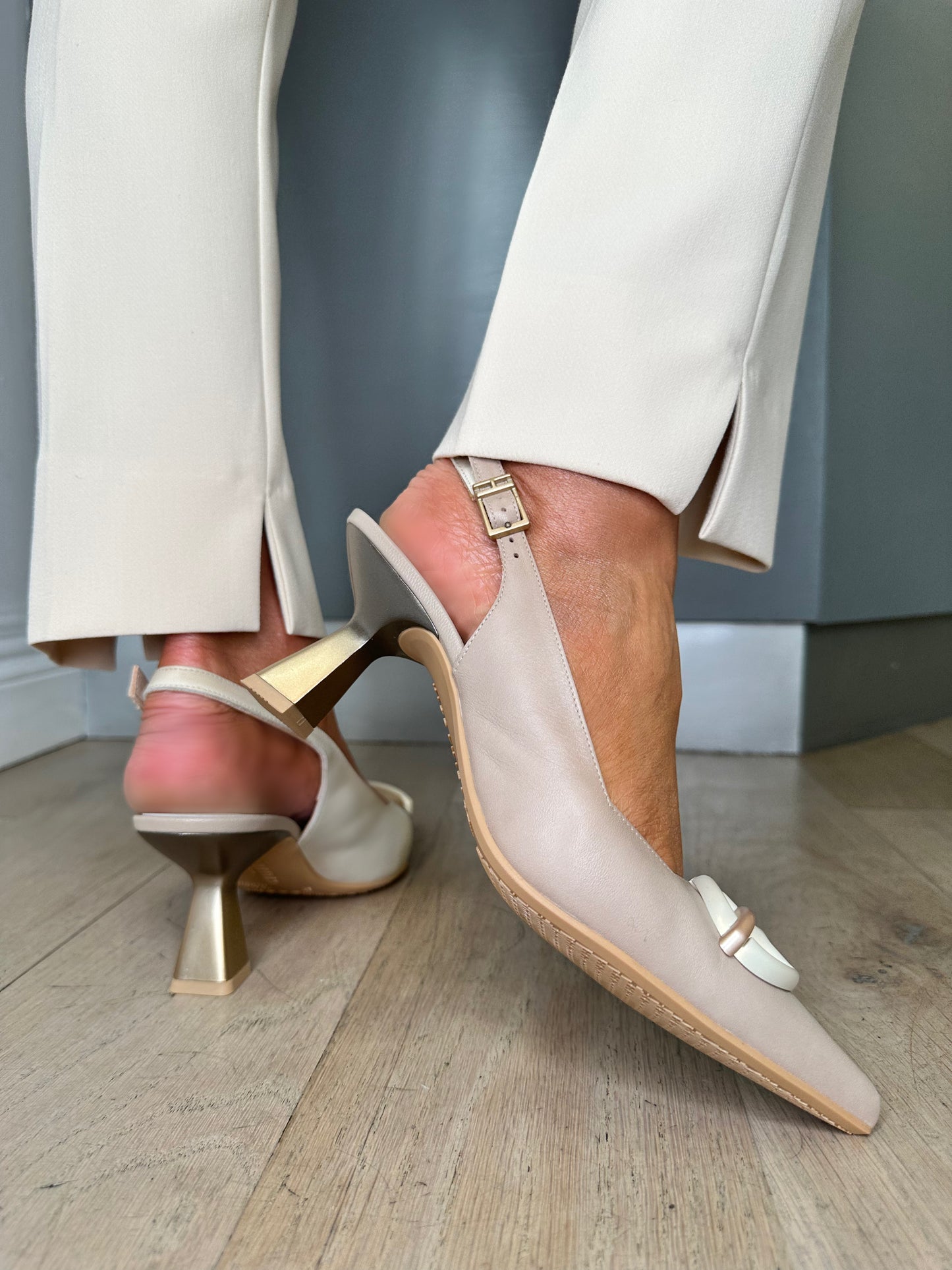 Hispanitas -Taupe/Beige Mix Pointy Toe Slingback Court Shoe