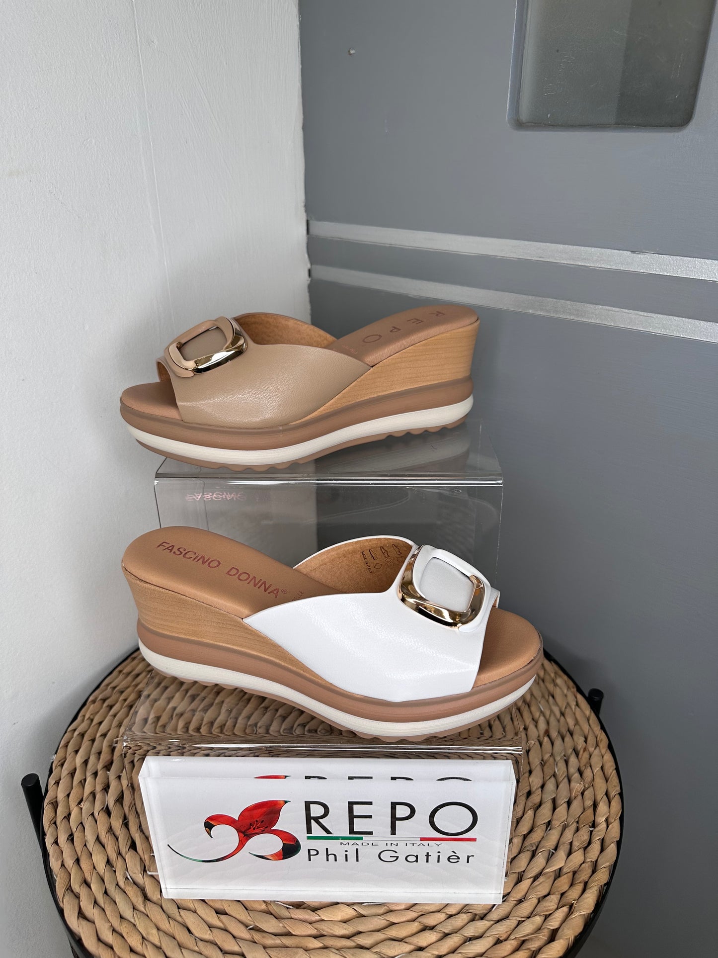 Repo -Beige Leather Wedge Slider With Gold Trim