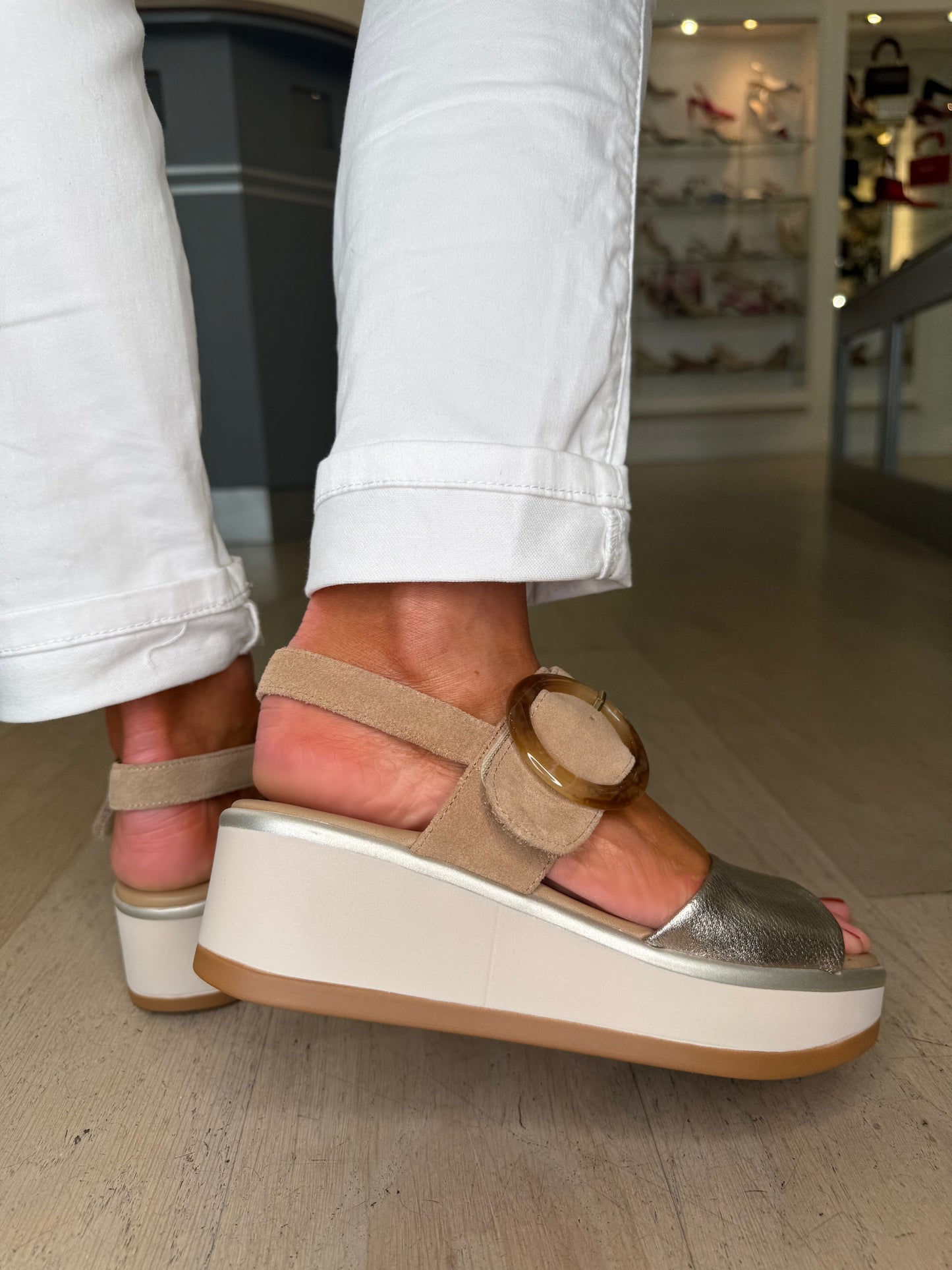 Repo - Soft Bronze & Sand Suede Wedge Sandal With Velcro Strap