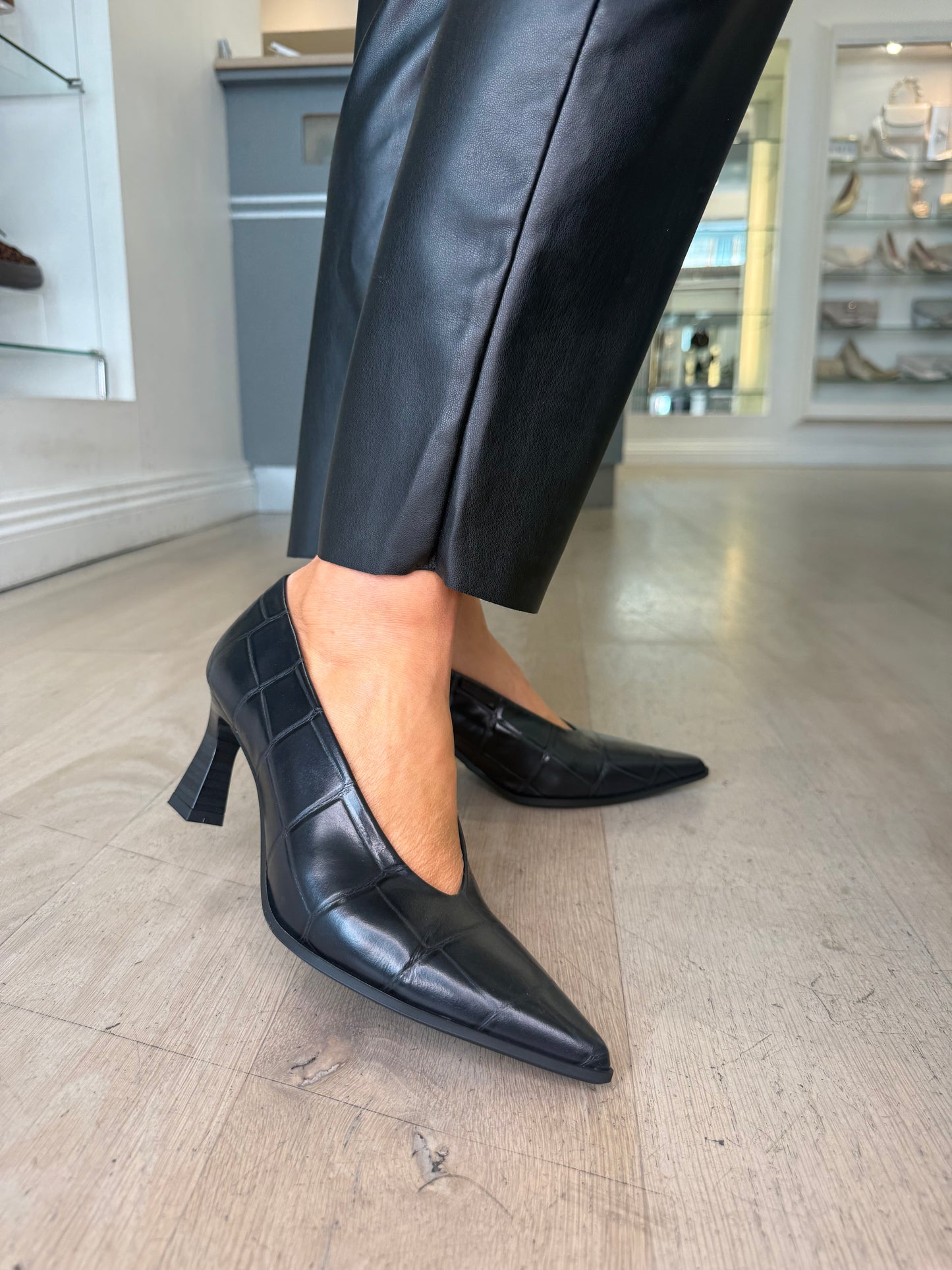 Hispanitas - Matt Black Croc Print Leather Pointy Toe Court Shoe