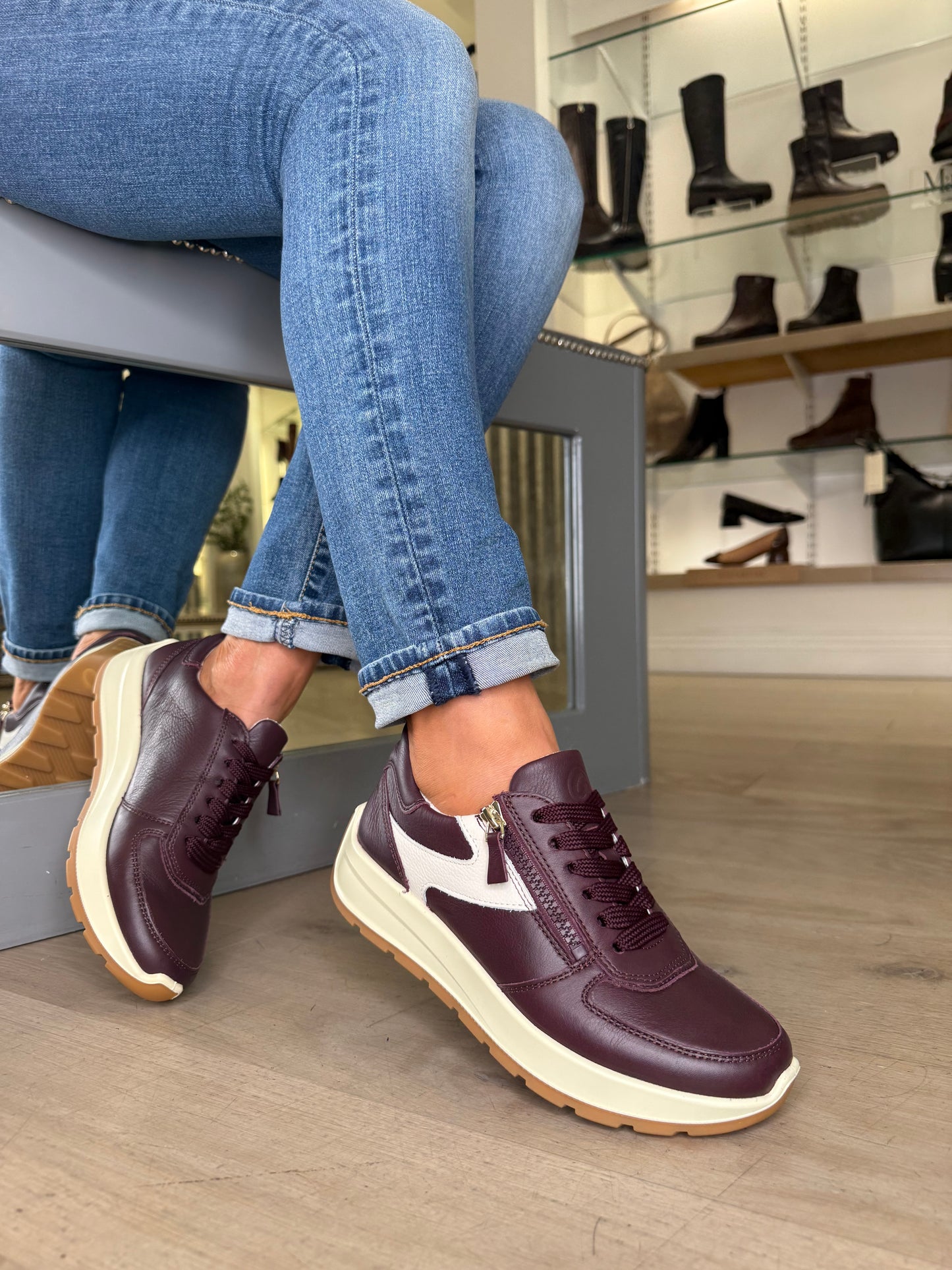 Ara - New York Merlot Leather Side Zip Trainer With White Trim & Cream Sole