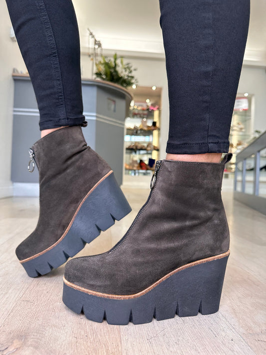 Alpe - Soft Brown Suede High Wedge Front Zip Boot