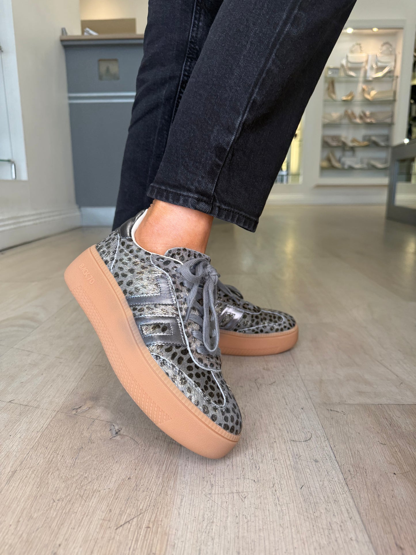 Back 70 - Cheetah Print Lace Up Gunmetal Flatform Trainer