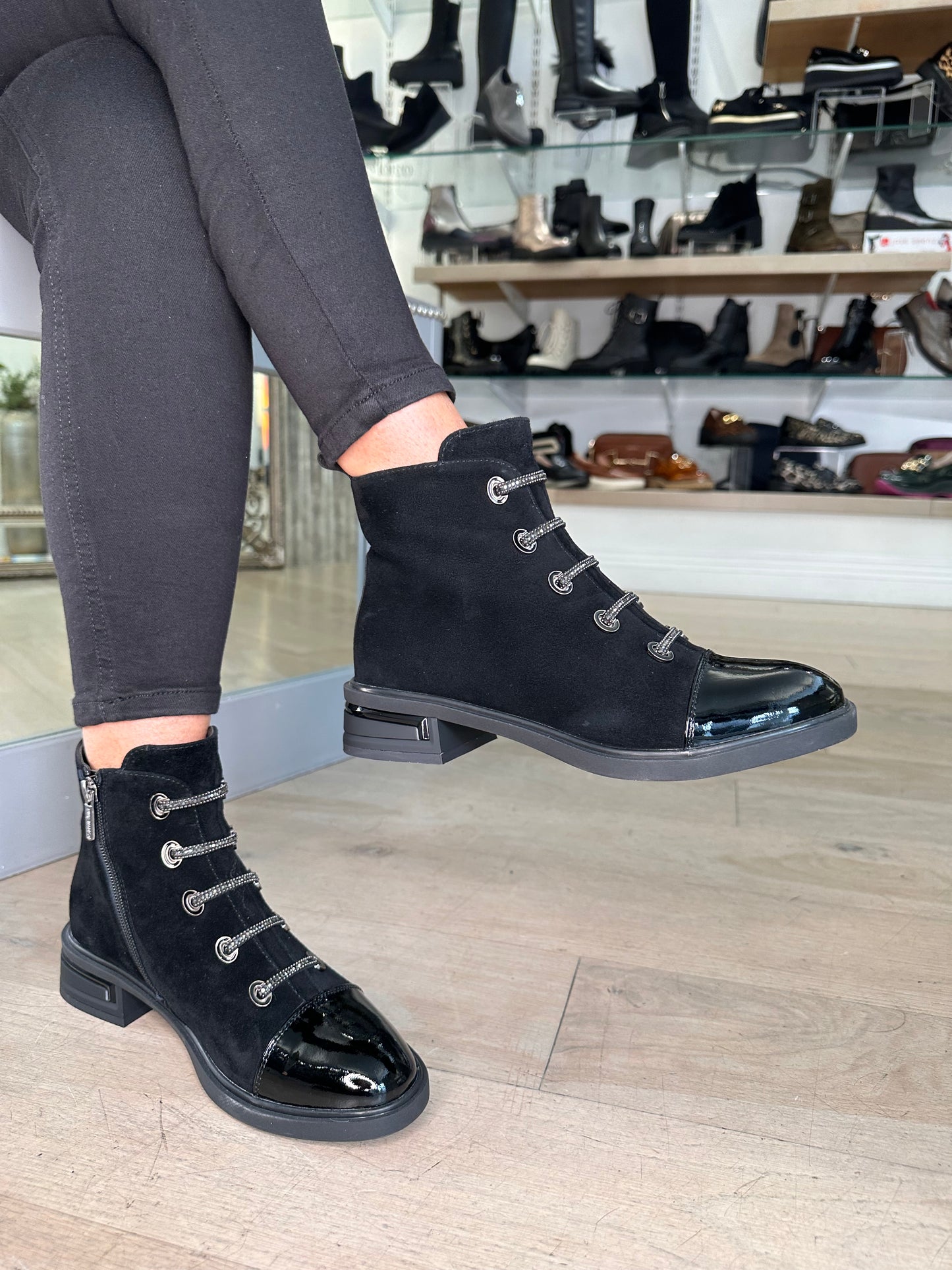 Loretta Vitale - Black Suede & Patent Toe Mix Chelsea Style Boot