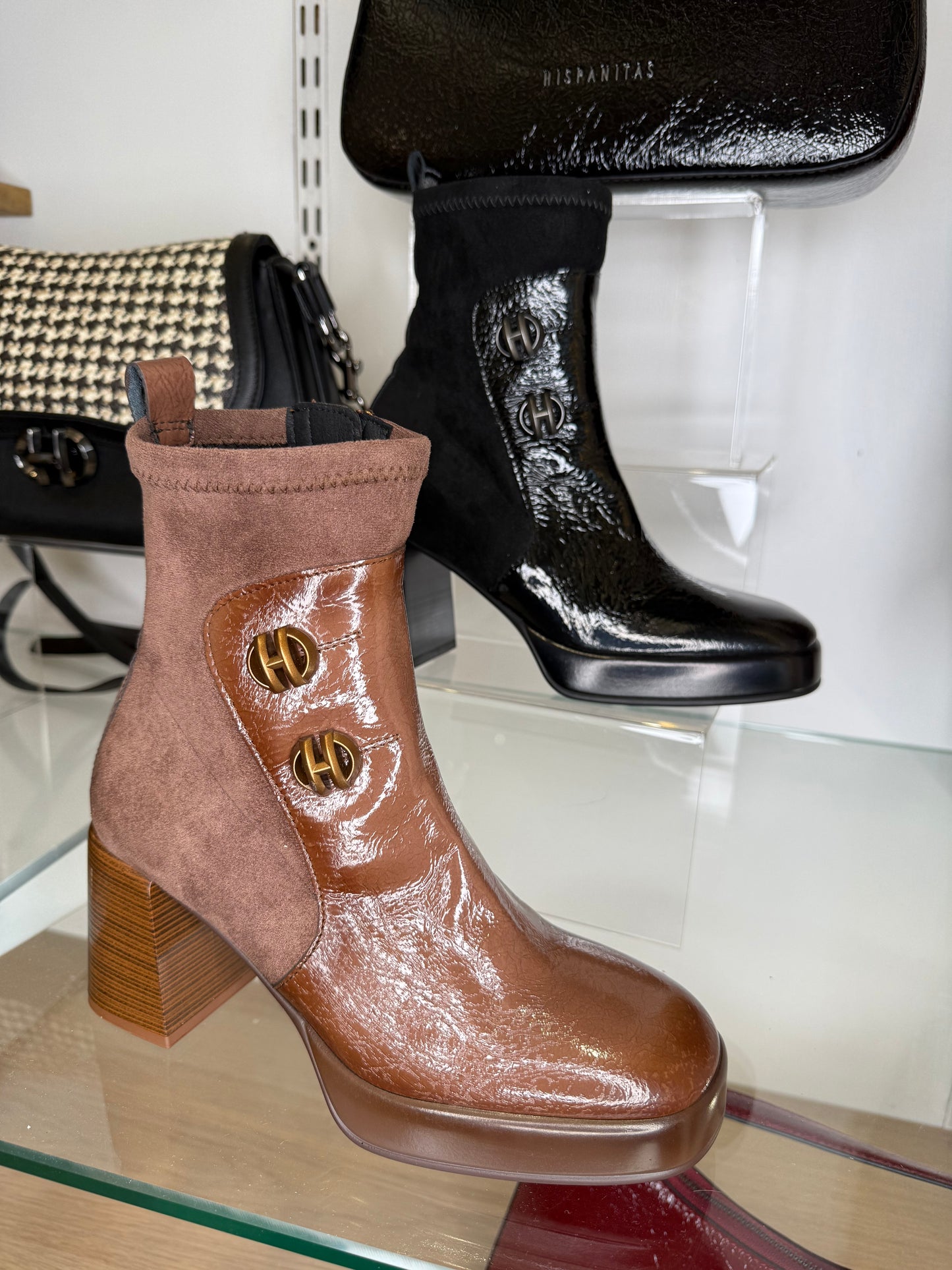 Hispanitas - Black Flexy Patent/ Stretch Suede Block Heel Boot
