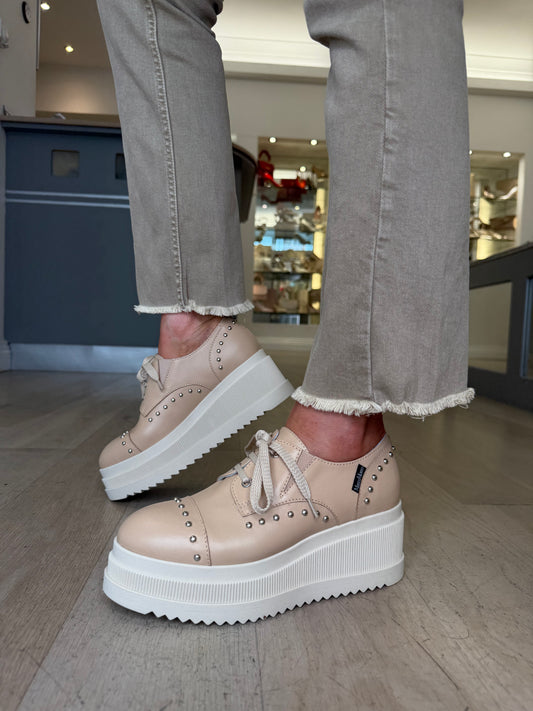 Marco Moreo -Leslie Rich Camel Lace Up Chunky Sole Shoe With Silver Stud Trim