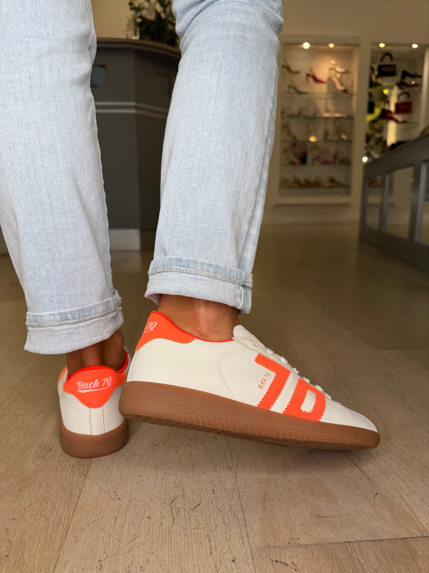 Back 70 -White Leather Trainer With Fluorescent Orange Trim