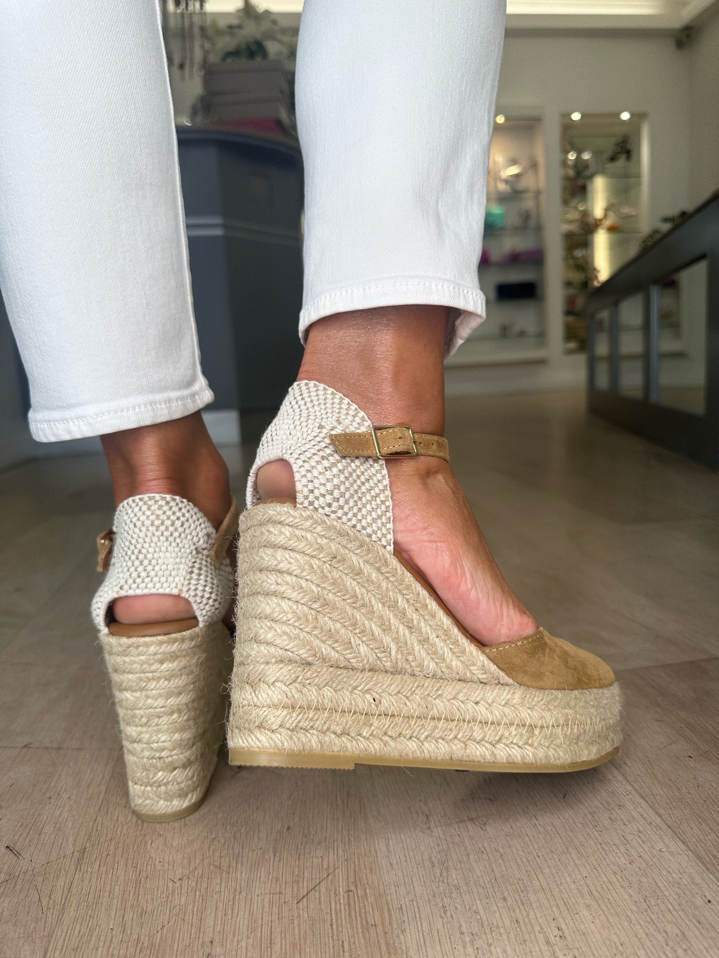 Viguera - Whiskey Suede Square Toe Hessian Wedge
