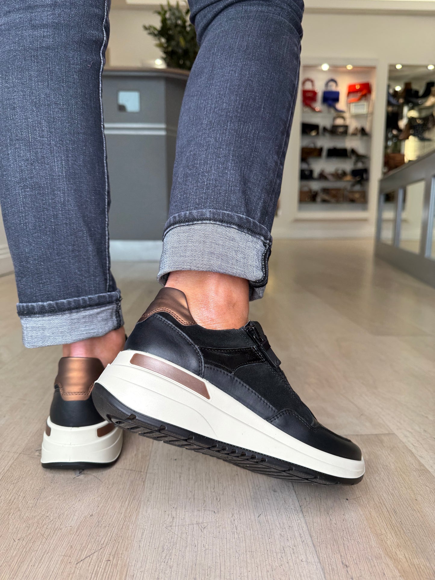 Ara - Black Suede / Leather Mix Lace Up Trainer With Side Zip