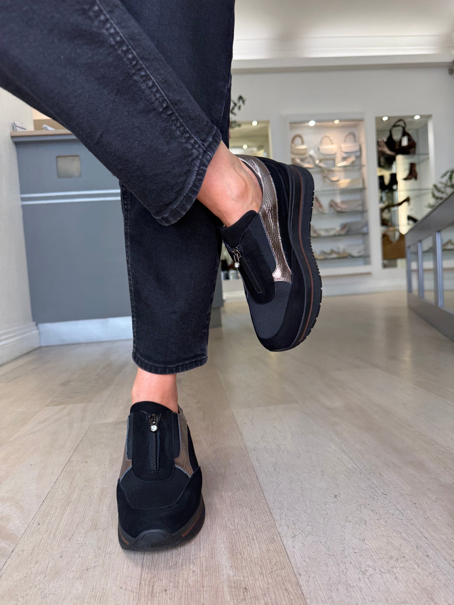 Marco Moreo - Gilda Black Suede & Fabric Mix Zip Up Shoe With Bronze Metallic Trim