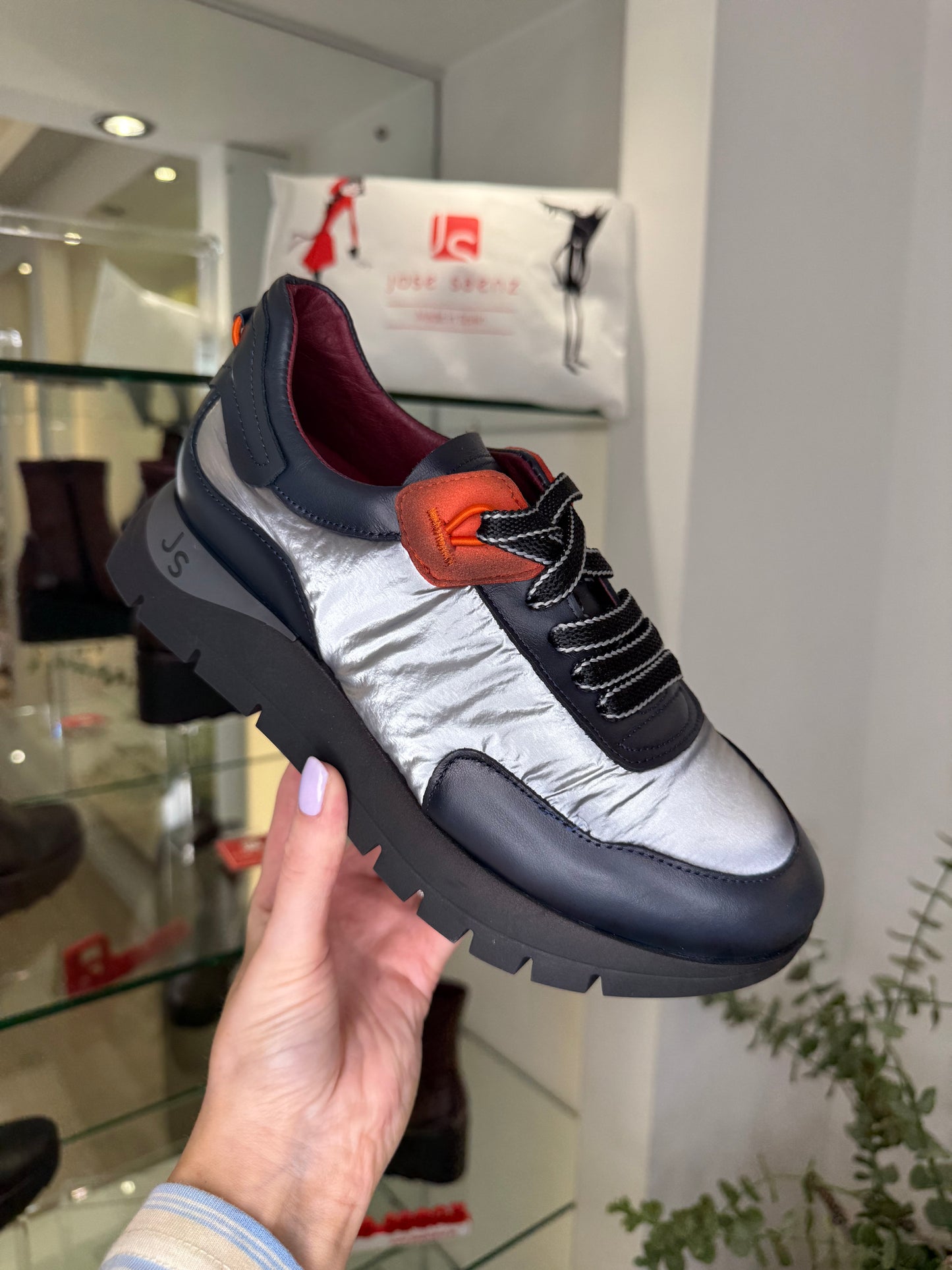 Jose Saenz - Dark Navy Leather Trainer With Metallic Silver Cushioned Fabric & Orange Trim