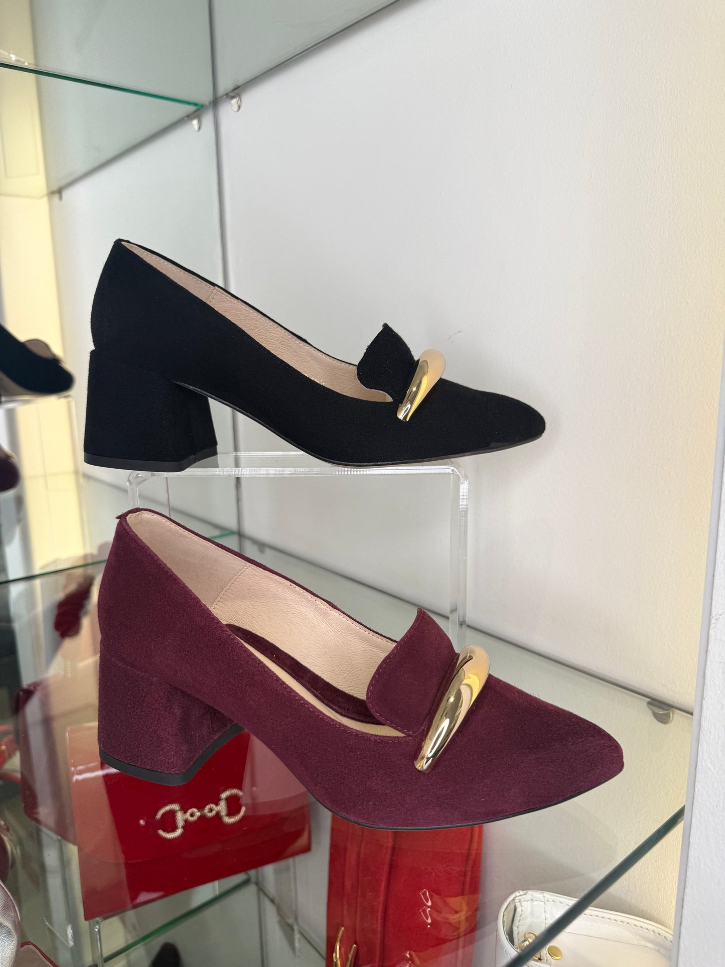Emis - Black Suede Pointy Toe Shoe With Block Heel & Gold Trim