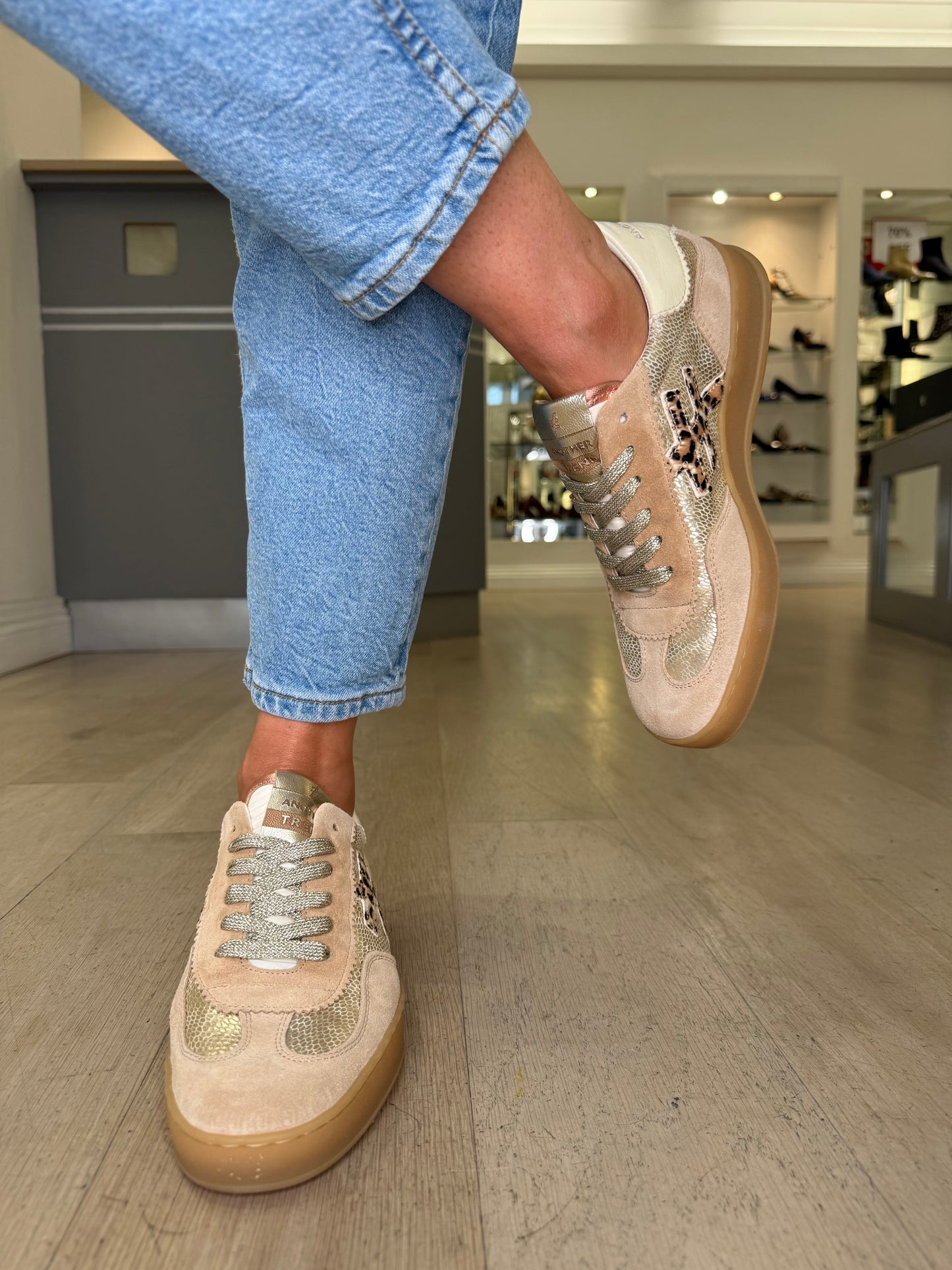 Another Trend - Rich Camel Suede Trainer With Gold Snake Print & Leopard Print Trim