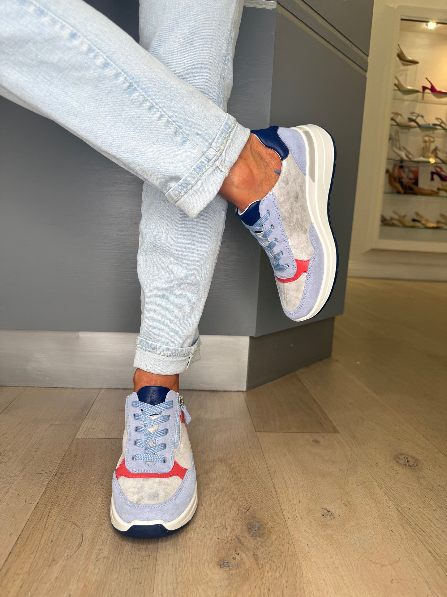 Ara - Blue Suede Trainer With Silver Multi Metallic Trim