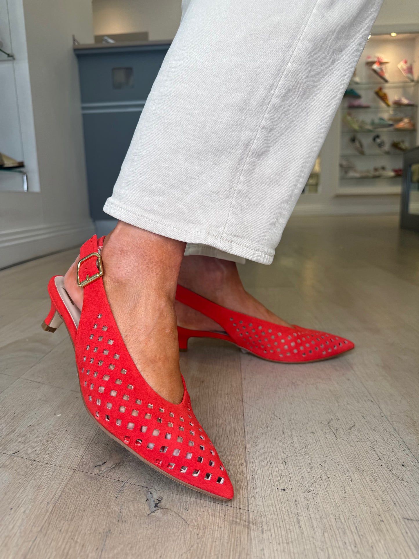 Marian - Red Suede Pointy Toe Perforated Slingback Shoe With Low Heel