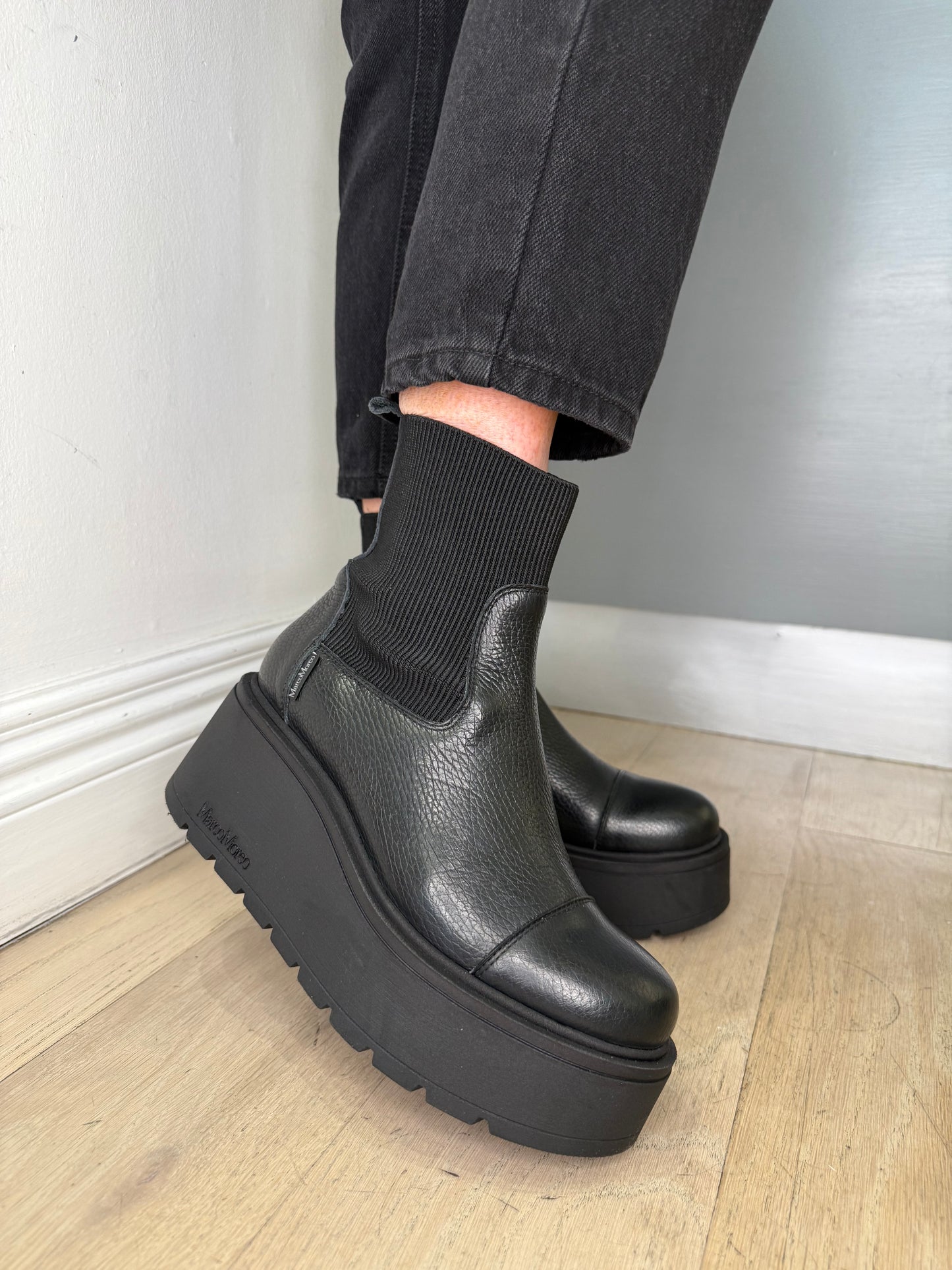 Marco Moreo - Brenda Black Grained Leather Chunky Sole Wedge Boot