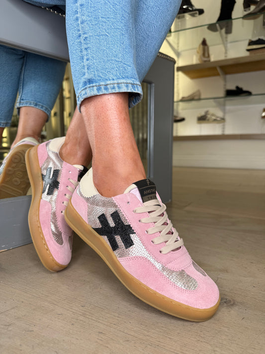 Another Trend - Sweet Pink Suede Trainer With Snake Print Shimmer Trim
