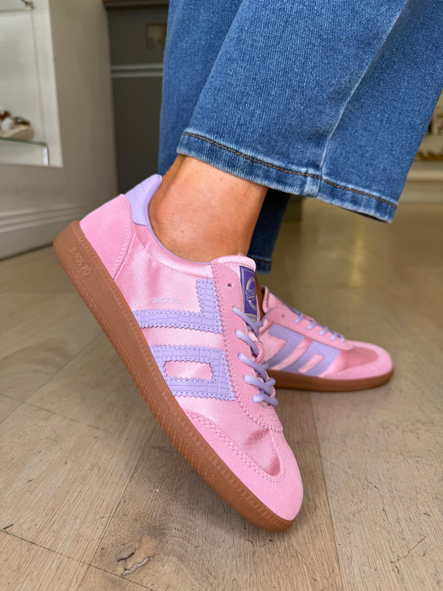 Back 70 - Candy Pink Satin/Suede Trainer With Lilac Trim