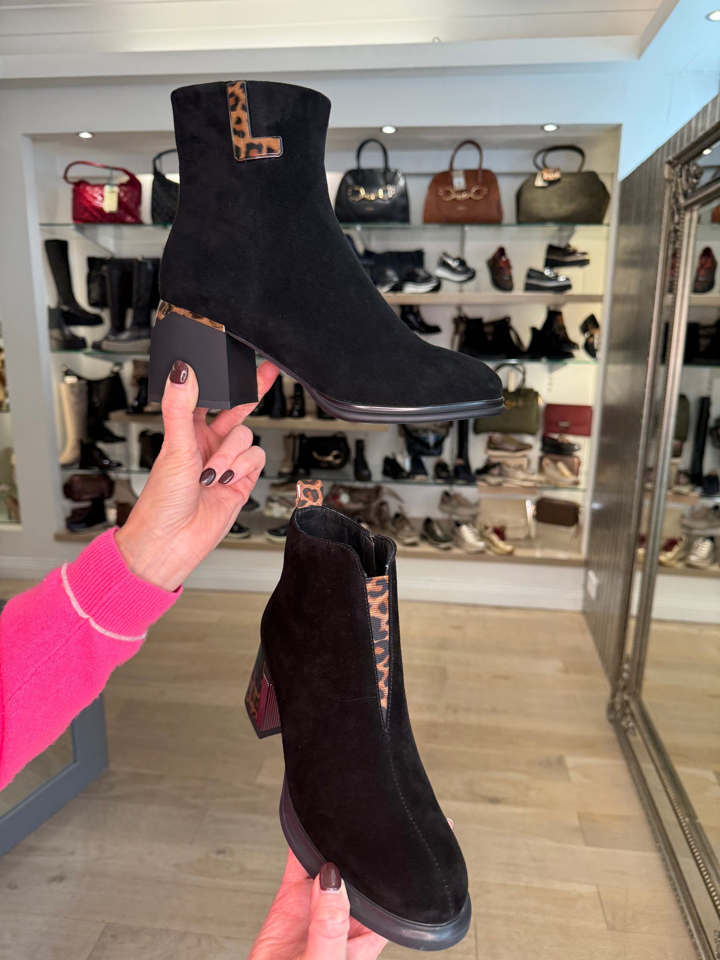 Loretta Vitale - Black Suede Block Heel Boot With Leopard Print Trim