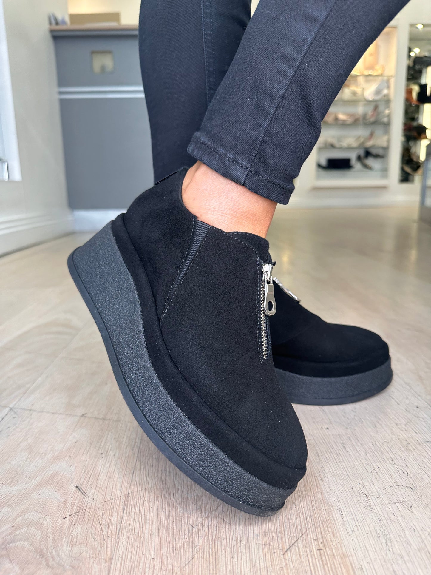 Marco Moreo - Black Suede Wedge Shoe With Front Silver Zip